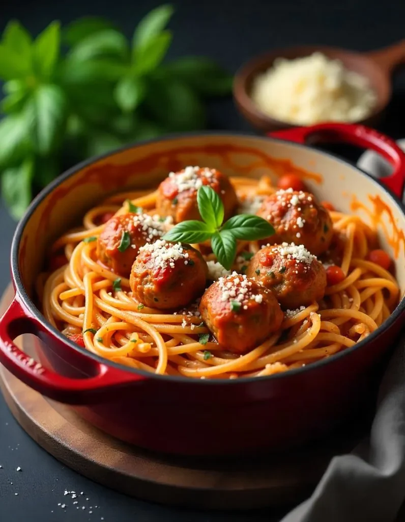 spaghetti and meatballs in a dutch oven