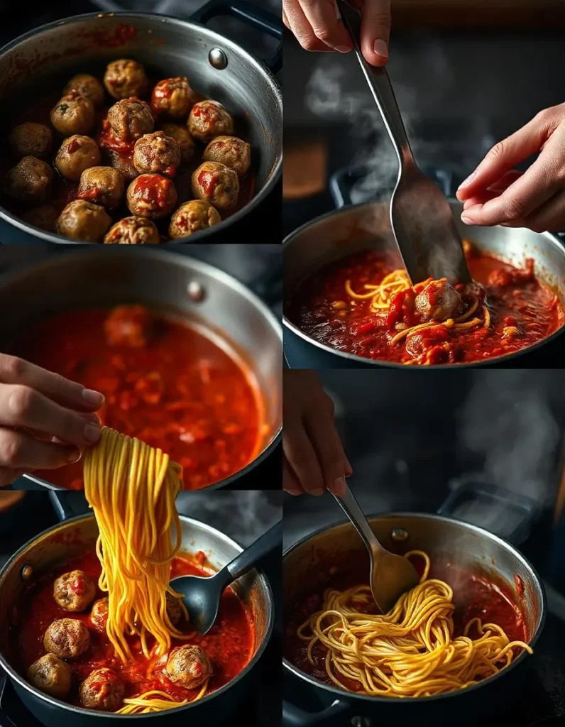 spaghetti and meatballs in a dutch oven