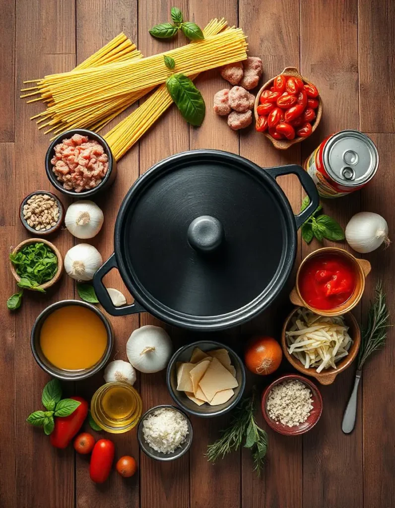 spaghetti and meatballs in a dutch oven