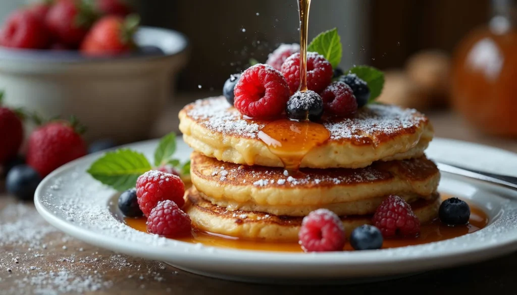 Stack of French toast pancakes garnished with fresh berries, powdered sugar, and maple syrup on a white platter.