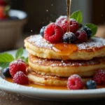 Stack of French toast pancakes garnished with fresh berries, powdered sugar, and maple syrup on a white platter.