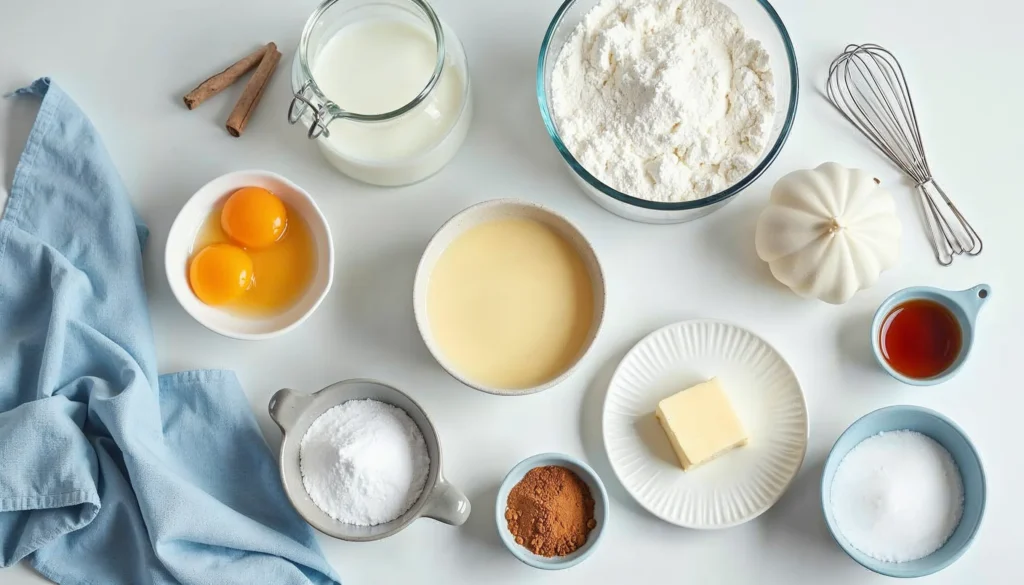 Ingredients for French toast pancakes, including flour, eggs, milk, cinnamon, vanilla, and sugar, arranged on a white countertop