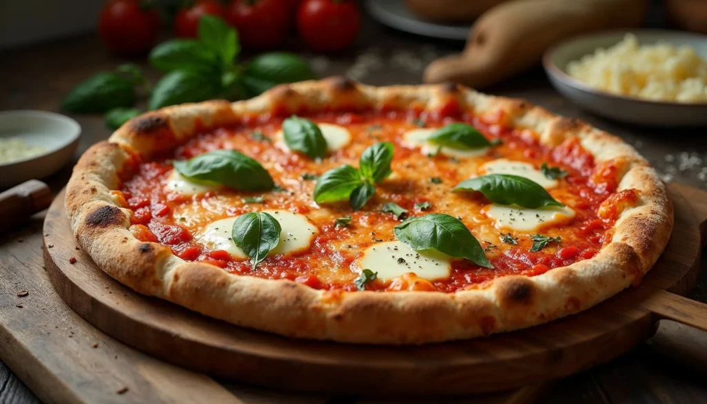 Golden, crispy pizza made with Caputo pizza dough, topped with melted mozzarella, fresh basil, and rich tomato sauce.