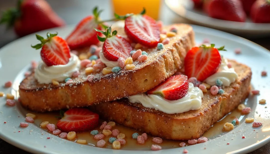 A plate of Fruity Pebbles French Toast with whipped cream, strawberries, and maple syrup, served on a white table with a colorful breakfast setup.