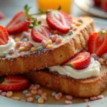 A plate of Fruity Pebbles French Toast with whipped cream, strawberries, and maple syrup, served on a white table with a colorful breakfast setup.