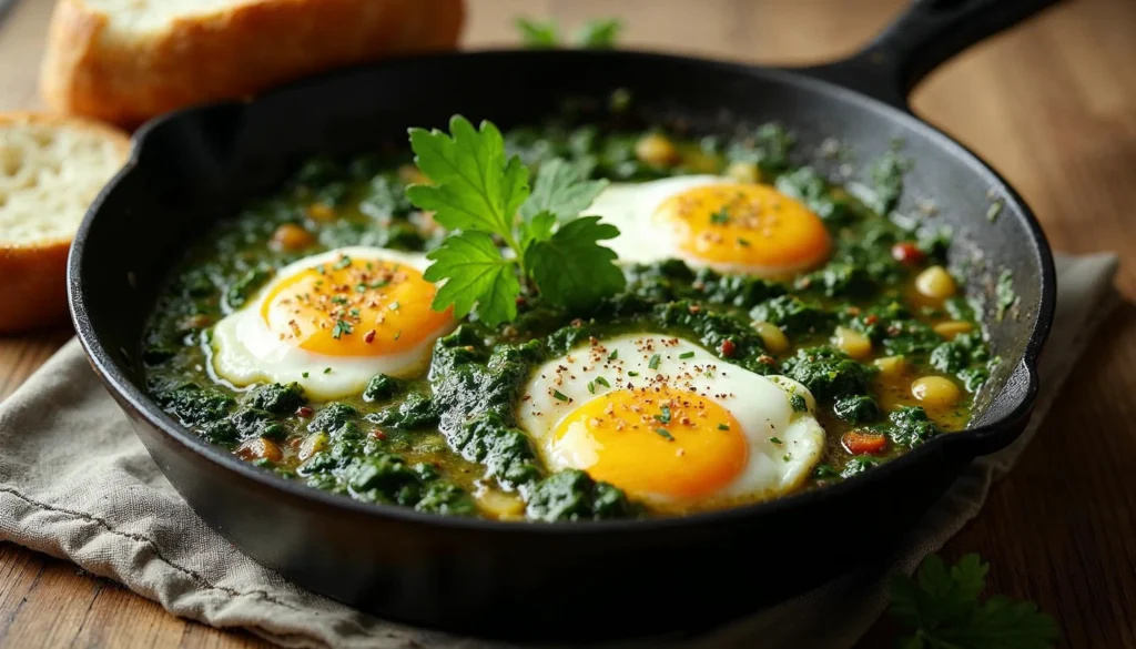 Green shakshuka with poached eggs in a vibrant green sauce, garnished with parsley and served in a skillet with bread.