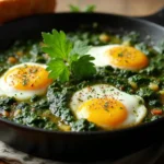 Green shakshuka with poached eggs in a vibrant green sauce, garnished with parsley and served in a skillet with bread.