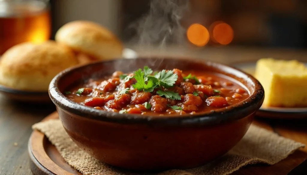 A steaming bowl of hearty elk chili garnished with fresh herbs, served in a rustic ceramic bowl with cornbread on the side.