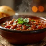 A steaming bowl of hearty elk chili garnished with fresh herbs, served in a rustic ceramic bowl with cornbread on the side.