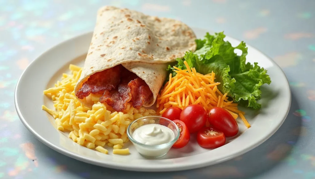 Ingredients for a breakfast crunchwrap on a white platter, including tortillas, eggs, bacon, cheese, tomatoes, lettuce, and sour cream.