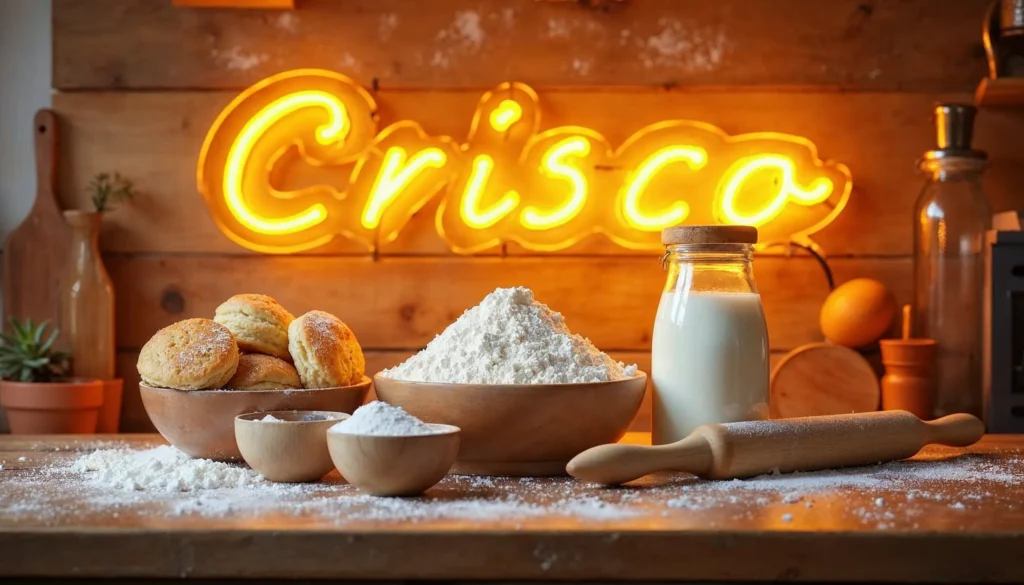 Ingredients for Crisco biscuits, including Crisco, flour, baking powder, salt, and milk, arranged with measuring tools.