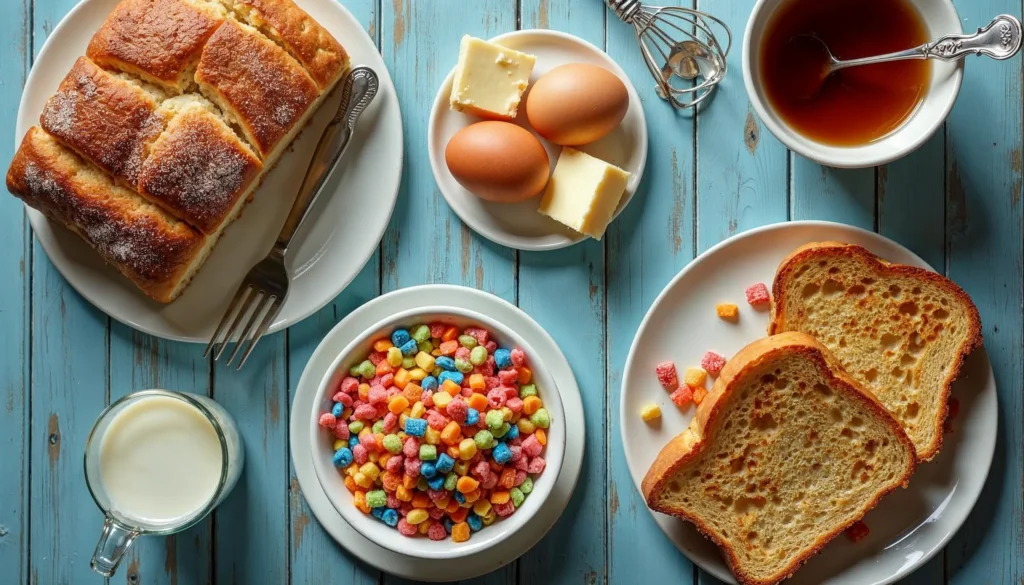 A top-down view of Fruity Pebbles French Toast ingredients: bread, Fruity Pebbles cereal, eggs, milk, butter, and syrup, arranged with a whisk and mixing bowl on a wooden counter.