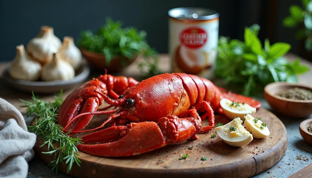 A cooked lobster and fresh lobster mushrooms with coconut cream, garlic, herbs, and spices on a rustic wooden countertop.