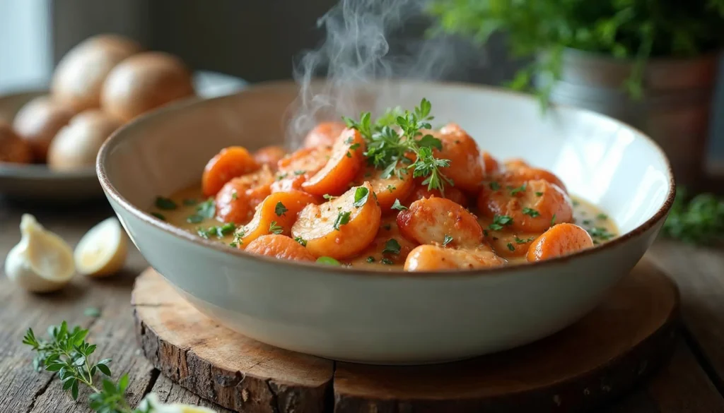 Plated lobster mushroom recipe garnished with parsley and lemon on a rustic wooden table.