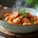 Plated lobster mushroom recipe garnished with parsley and lemon on a rustic wooden table.