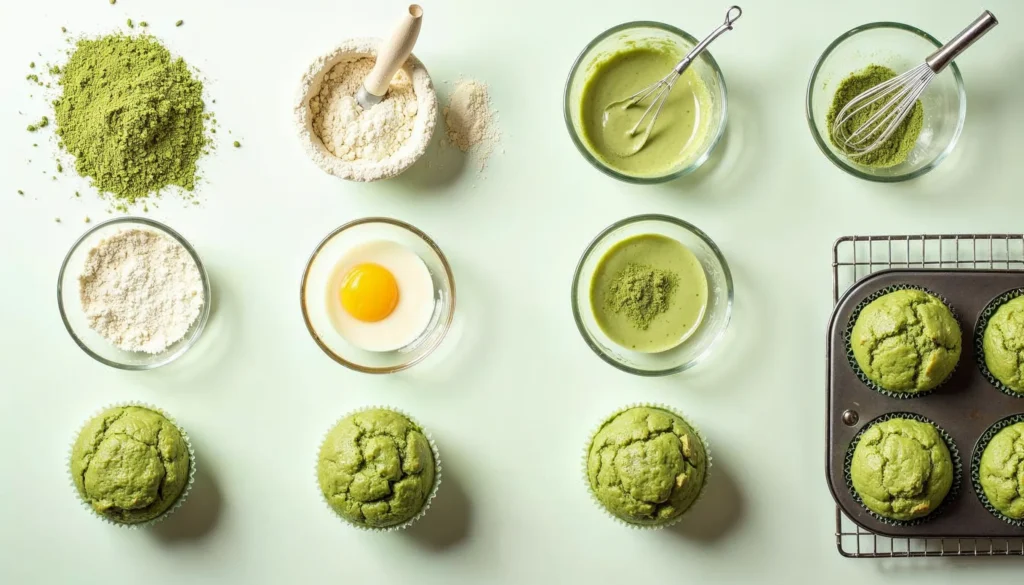 Step-by-step guide to making matcha muffins with almond flour, including preparing ingredients, mixing, baking, and cooling.