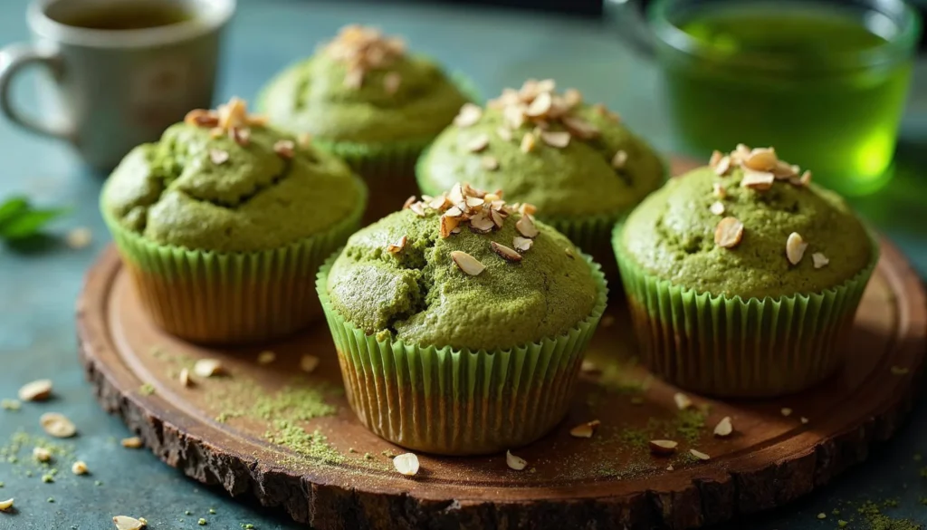 Freshly baked matcha muffins with almond flour, garnished with a dusting of matcha powder, served on a white plate.