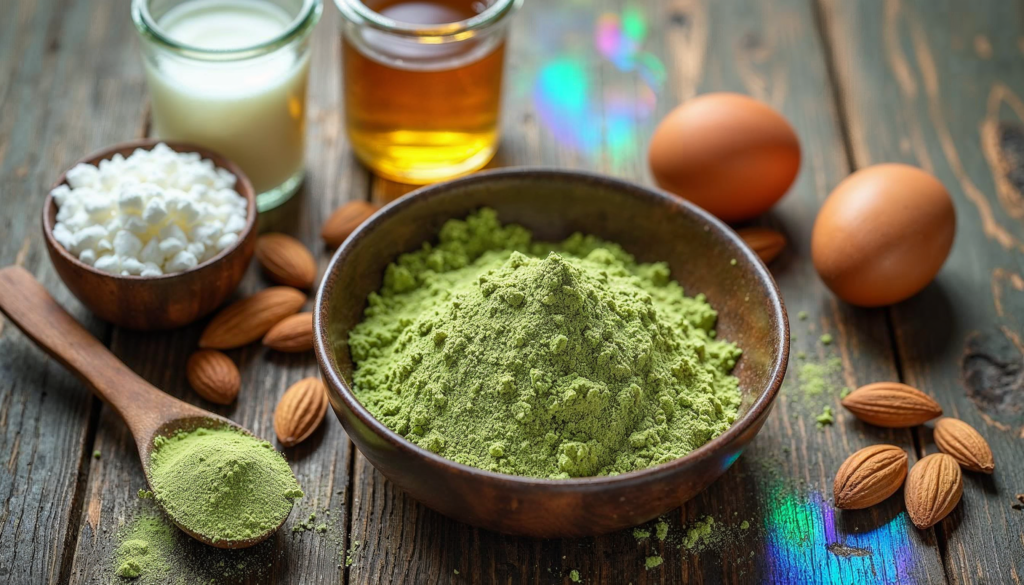 Ingredients for matcha muffins with almond flour, including almond flour, matcha powder, eggs, almond milk, and honey.