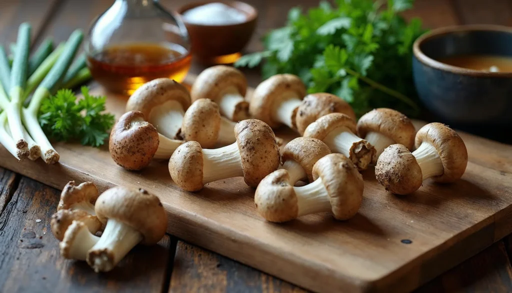 Fresh matsutake mushrooms, dashi stock, soy sauce, mirin, sesame oil, green onions, and fresh cilantro arranged on a wooden table for matsutake mushroom soup recipe.