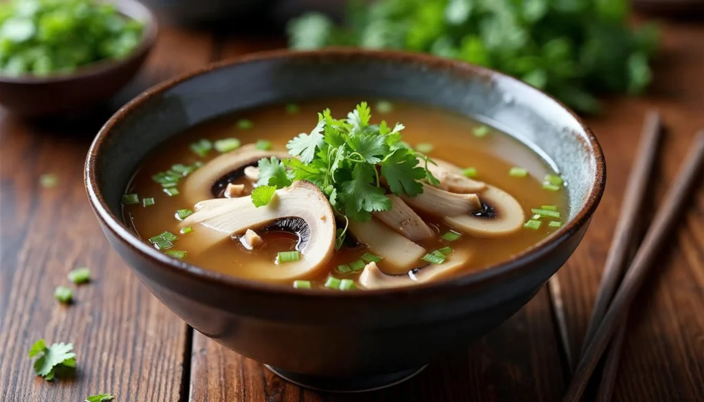 Realistic image of matsutake mushroom soup with thinly sliced mushrooms, green onions, and fresh herbs in a traditional Japanese bowl.