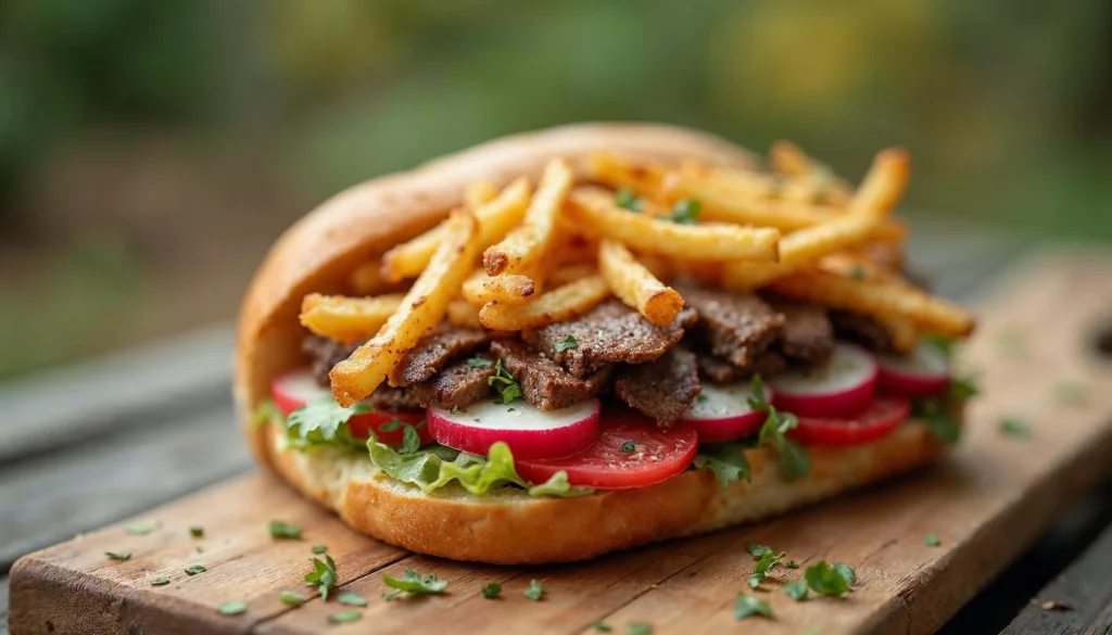 A freshly made Mitraillette Belgium Sandwich with crispy fries, tender steak, lettuce, and sauce inside a baguette.