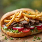 A freshly made Mitraillette Belgium Sandwich with crispy fries, tender steak, lettuce, and sauce inside a baguette.