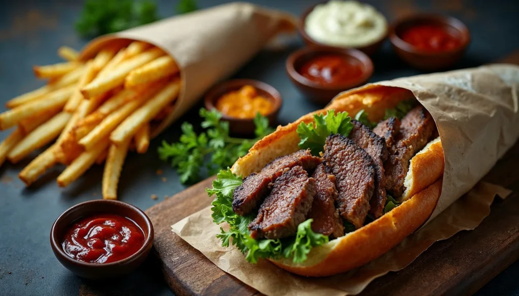 Fresh ingredients for Mitraillette Belgium Sandwich, including crispy fries, steak, lettuce, and sauces ready to be assembled.