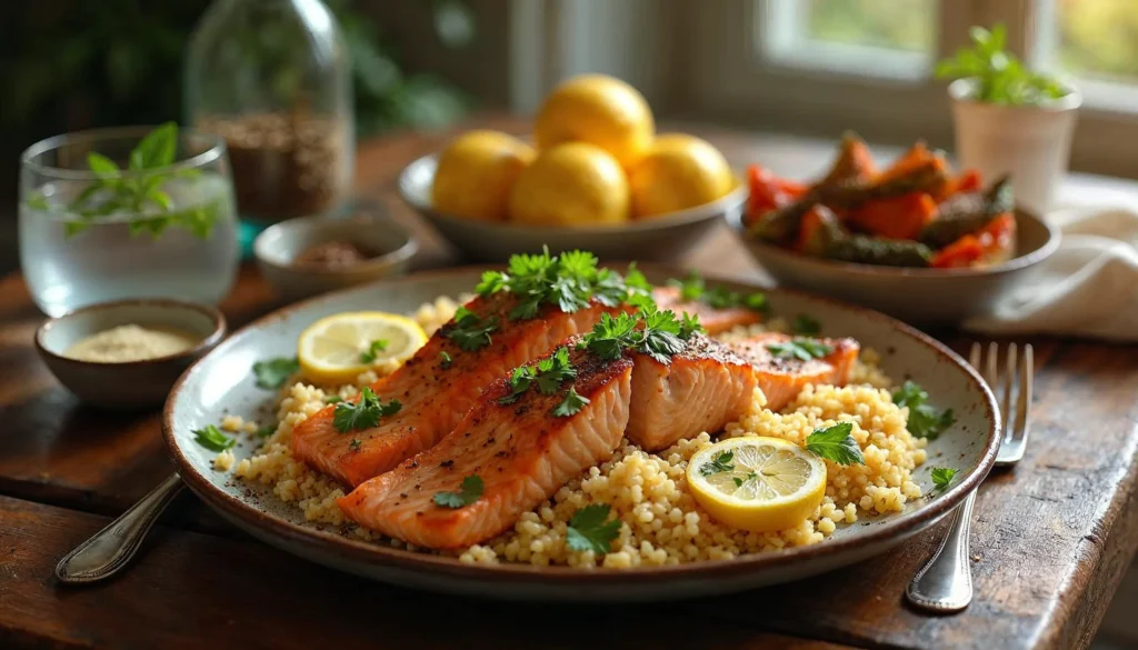 Moroccan salmon recipe final dish with garnished salmon, couscous, and roasted vegetables on a rustic wooden table.