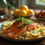 Moroccan salmon recipe final dish with garnished salmon, couscous, and roasted vegetables on a rustic wooden table.