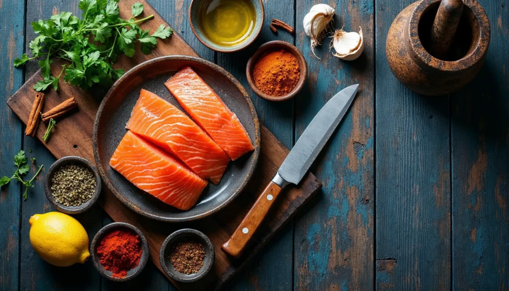 Ingredients for Moroccan salmon recipe, including salmon fillets, spices, lemon, garlic, olive oil, and fresh cilantro