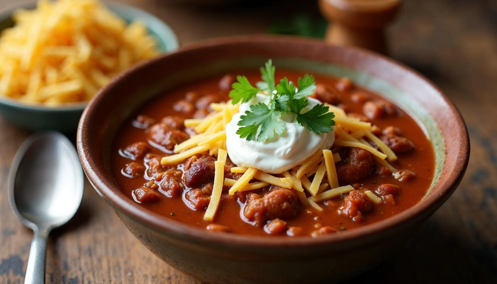 A delicious bowl of Panera turkey chili topped with sour cream, cheese, and cilantro, on a wooden table.