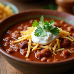 A delicious bowl of Panera turkey chili topped with sour cream, cheese, and cilantro, on a wooden table.