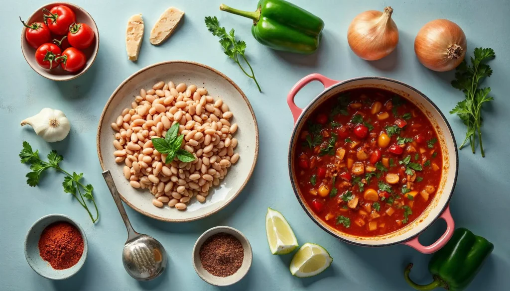 Fresh ingredients for Panera turkey chili recipe, including ground turkey, beans, vegetables, and spices on a countertop.