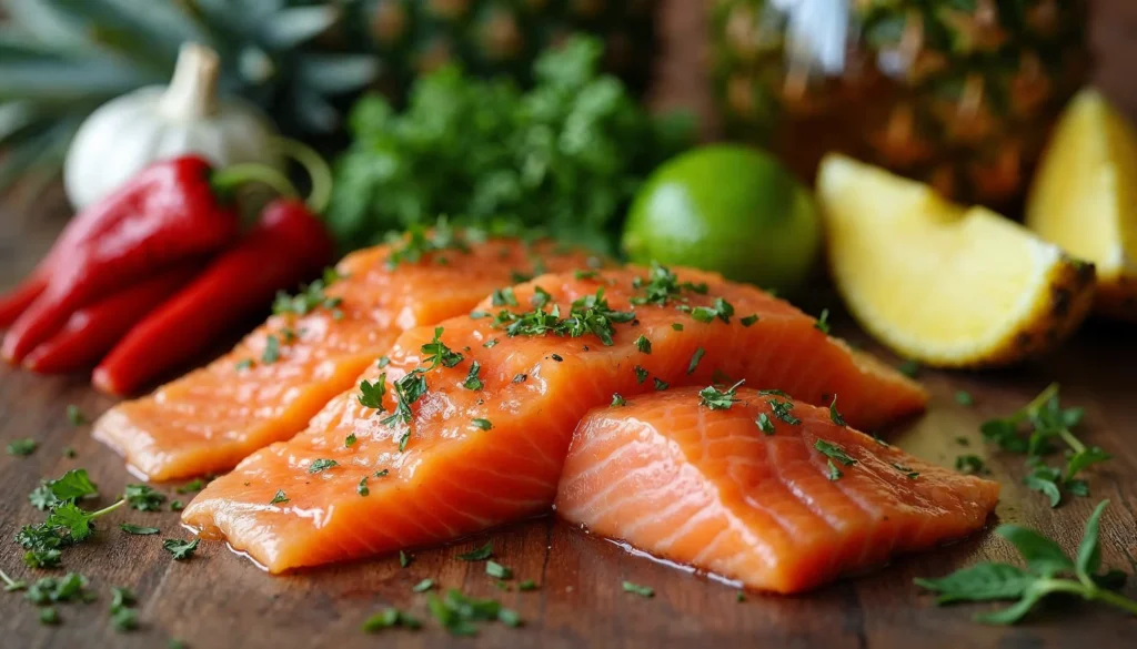 Fresh ingredients for pineapple chili salmon, including salmon fillets, pineapple, chili peppers, and other key seasonings.