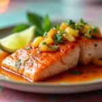 Pineapple chili salmon served on a white platter, garnished with fresh herbs, lime wedges, and a glossy pineapple chili sauce.