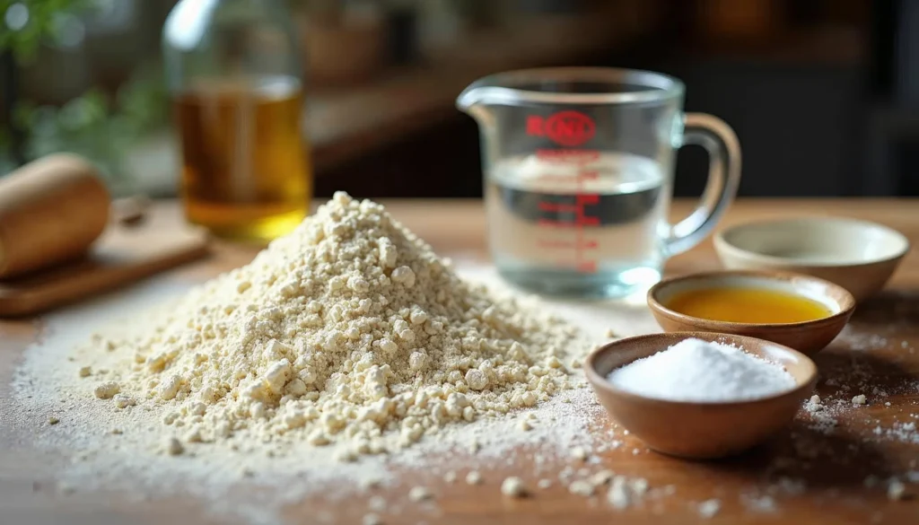 All ingredients for pizza dough, including flour, warm water, olive oil, active dry yeast, sugar, and salt on a wooden countertop.