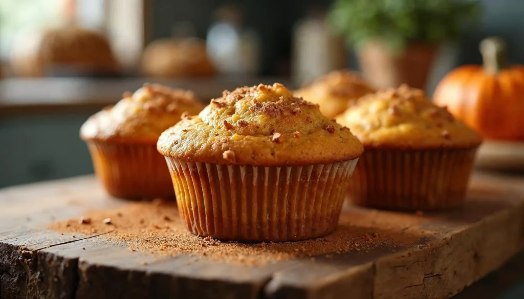 Freshly baked protein pumpkin muffins with a golden-brown top and a soft, fluffy interior, perfect for a healthy snack or breakfast.