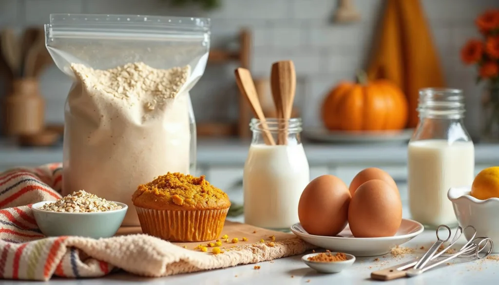 Ingredients for protein pumpkin muffins including oat flour, pumpkin puree, protein powder, and cinnamon.