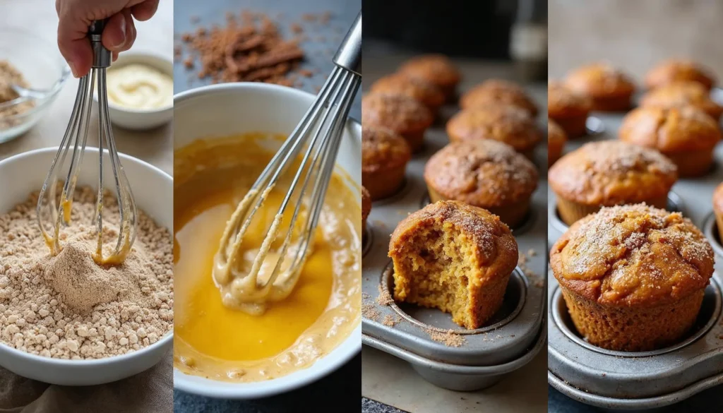 Mixing dry and wet ingredients to make protein pumpkin muffins in a bowl