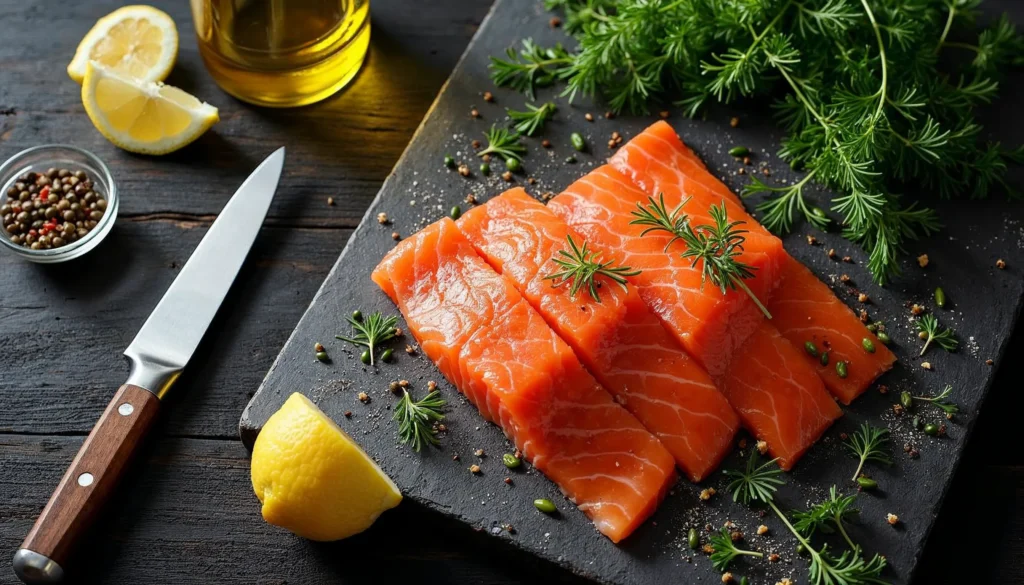 Ingredients for salmon crudo recipe including fresh salmon, olive oil, lemon, capers, chili flakes, and microgreens.