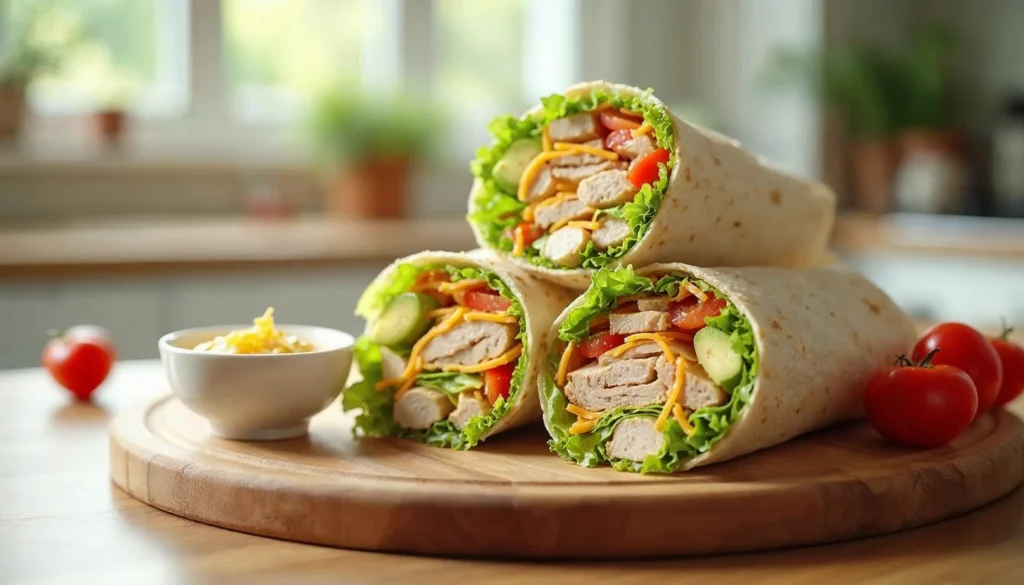 Close-up of turkey lunch meat wraps with fresh lettuce, tomatoes, avocado, and cheese on a wooden serving board.