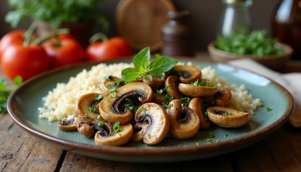 A beautifully plated vegan mushroom recipe with sautéed mushrooms, herbs, and rice on a rustic table.