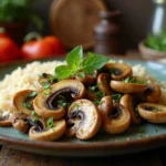 A beautifully plated vegan mushroom recipe with sautéed mushrooms, herbs, and rice on a rustic table.