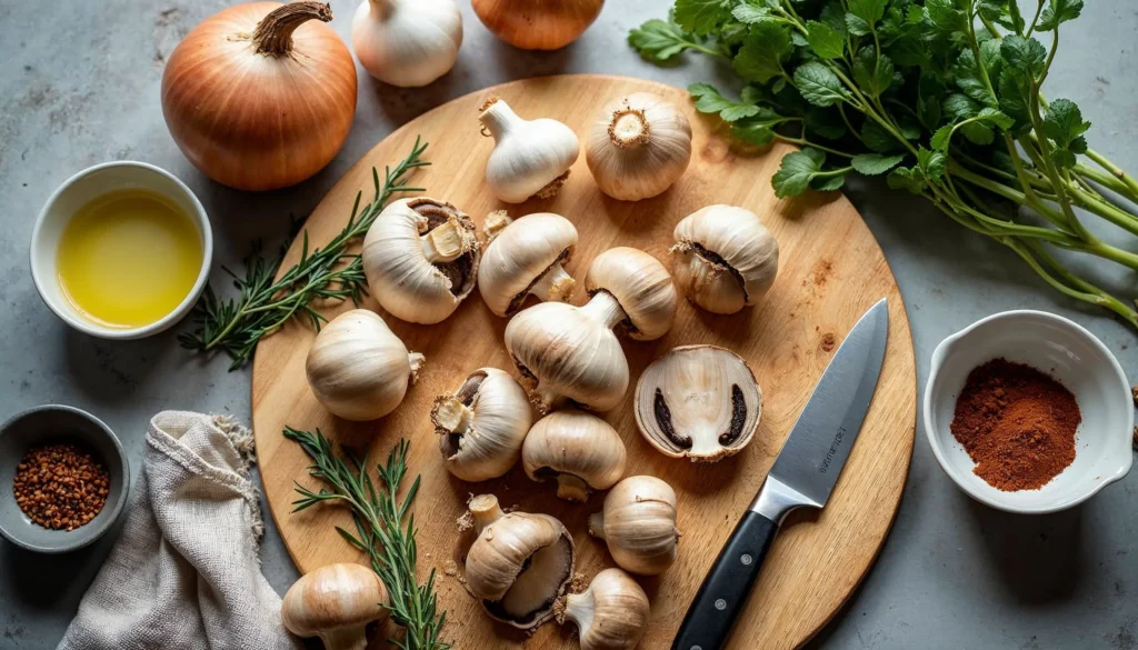 Fresh ingredients for a vegan mushroom recipe, including mushrooms, garlic, herbs, and spices on a wooden board.