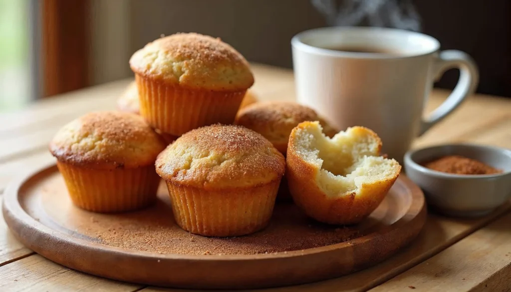 Freshly baked vegetarian cinnamon sugar donut muffins on a wooden tray, coated with cinnamon sugar, and ready to serve.