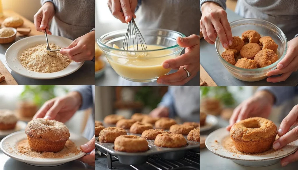 Collage of preparation steps for vegetarian cinnamon sugar donut muffins, showing mixing, baking, and coating with cinnamon sugar.