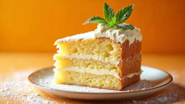 Slice of moist glycerine cake with powdered sugar and mint leaves on top.