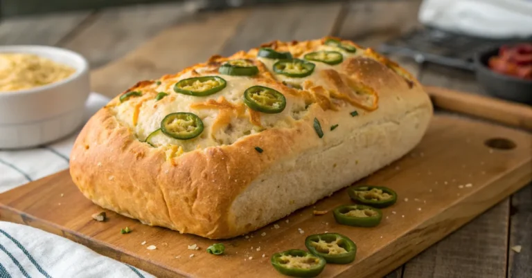 Golden vegan jalapeno cheese artisan bread loaf with jalapenos and melted cheese.