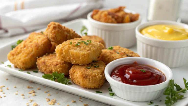 Crispy homemade chicken nuggets served with dipping sauces on a white platter.