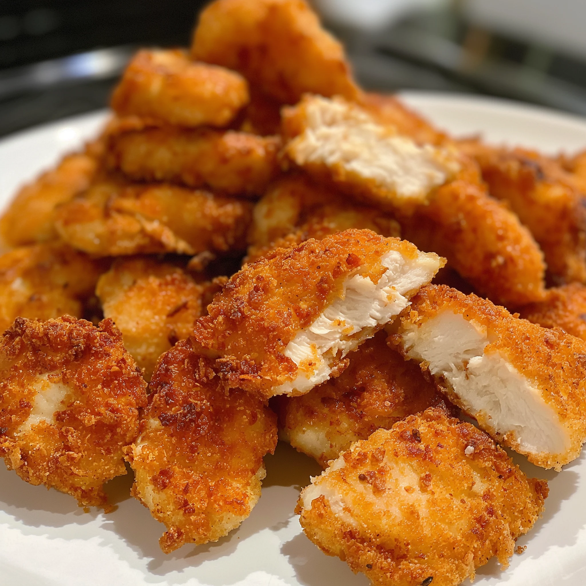 Crispy homemade chicken nuggets with dipping sauces on a clean white plate.